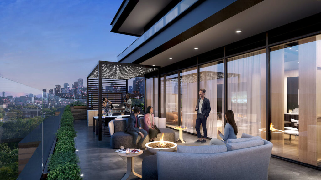 Rendering of Bellwoods House social club terrace at night